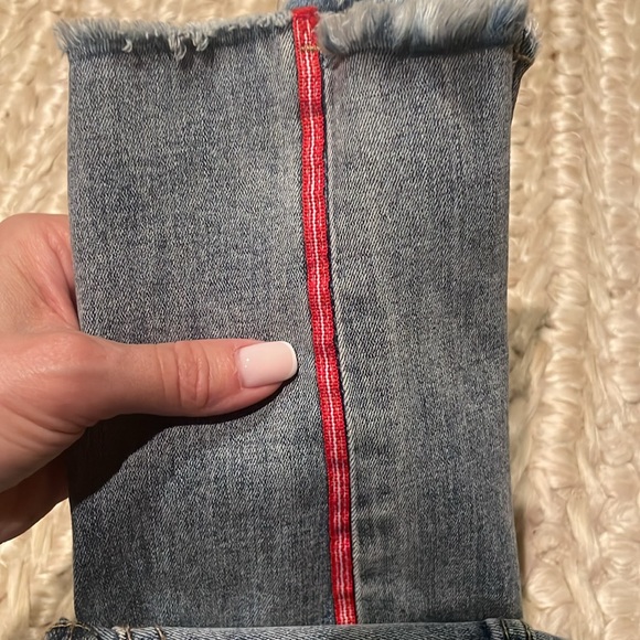 Joe's Stretch Jeans with red stripe down the sides; fringed at the ankle; Sz 14 - Picture 5 of 6